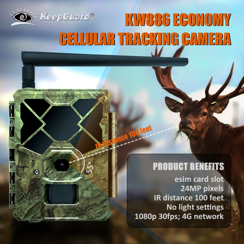 Kamera jejak KW886 dibangun dalam kartu sim 4G 24MP 1080P pada 30fps waterproof IP67 kamera game dengan kontrol APP