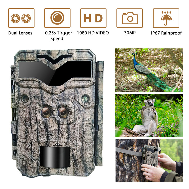 Kamera berburu pengawasan KW698A dengan lensa ganda 1080P 30MP tahan air IP67 hingga 512GB penglihatan malam 0.25s pemicu